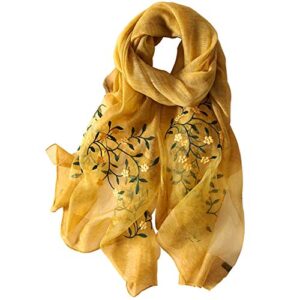 alysee women soft warm silk&wool mixed embroidered scarf shawl headwrap mustard yellow