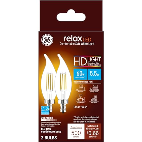 GE Relax LED Light Bulbs, Candle Lights, 60 Watts, Soft White Clear Decorative CA11 Bulbs, Small Base (2 Pack)