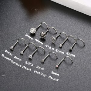 JOERICA 10 Pcs 20G Stainless Steel Screw Nose Studs Rings CZ Labret Silver Gold Nose Stud Piercing Jewelry Set Silver Tone