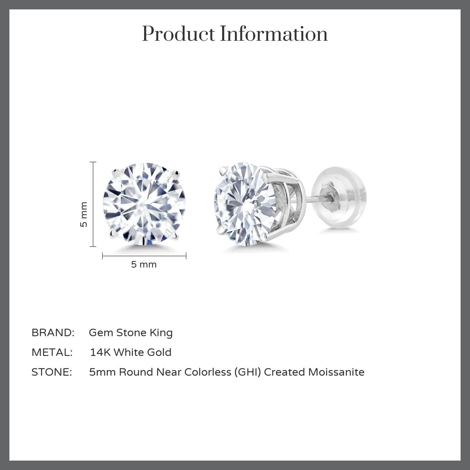 14K White Gold Forever Brilliant Moissanite from Charles & Colvard Stud Earrings with Comfort Back For Women (1.00 Cttw, Round 5MM)