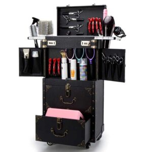 ascase rolling lockable makeup train case hairdressing trolley stylist beauty salon cosmetic luggage travel organizer tool box with hair dryer holder