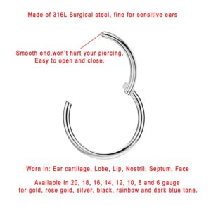 FANSING Nose Hoop Surgical Steel Nose Rings for Women Men Septum Jewelry Hinged Cartilage Earring Hoop for Nostril Helix Tragus Daith Conch Lip Rook Ear Lobe Piercings Silver 18 Gauge 8mm