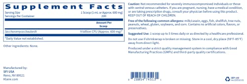 Klaire Labs Pure Saccharomyces Boulardii Powder - Probiotic Supplement to Support Healthy Yeast Balance - Digestive + Immune Support - Hypoallergenic - Double Scoop for Kids & Adults (4.48oz)