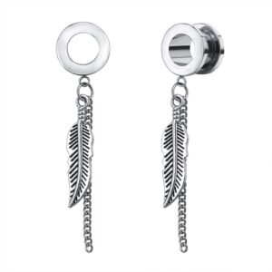 ZS Vintage Moon Dangle Ear Tunnels Plug Stainless Steel Screw Ear Gauge Feather Chain Ear Expander Flesh Tunnels Piercing (Feather,2g(6mm))