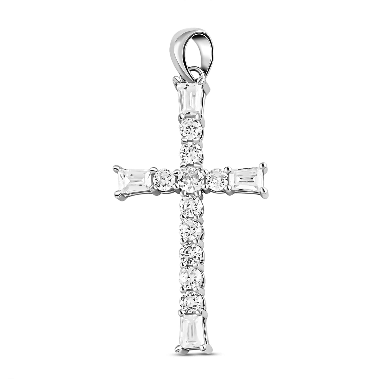 Cross Pendant in 925 Sterling Silver - Cubic Zirconia Cross Pendant for Men & Women - Prong Set - Cut CZ with Tapered Baguettes Jewelry Catholic Faith Christian Religious Birthday Gifts for