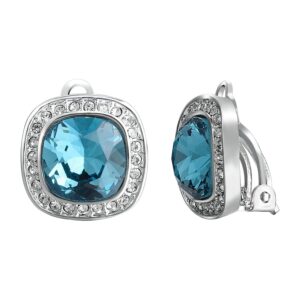 yoursfs blue clip on eearrings for women platinum plated 4ct square crystal halo cz bridal wedding earring