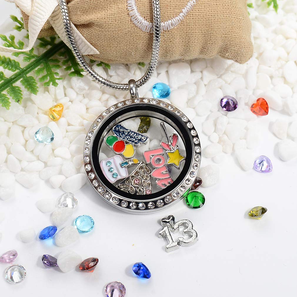 Happy 13th Birthday Gift, Floating Charms Memory Locket, Diy Stainless Steel Pendant Necklace with Birthstones for Niece Daughter Granddaughter Cousin Best Friend Sister Classmate