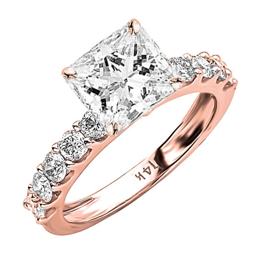 Houston Diamond District 2 Carat 14K Rose Gold Classic Side Stone Prong Set GIA Certified Princess Cut Diamond Engagement Ring w/a 1 Ct J-K Color SI1-SI2 Clarity Center Size 7.5