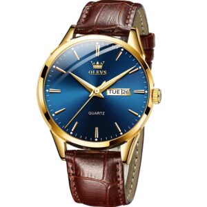 OLEVS Blue Men Leather Watch,Mens Watch Brown Leather,Mens Watch with Date and Day,Mens Watches Classic,Leather Band Watches for Men,Casual Men Watch Waterproof, Watch Men,Dress Mens Watch