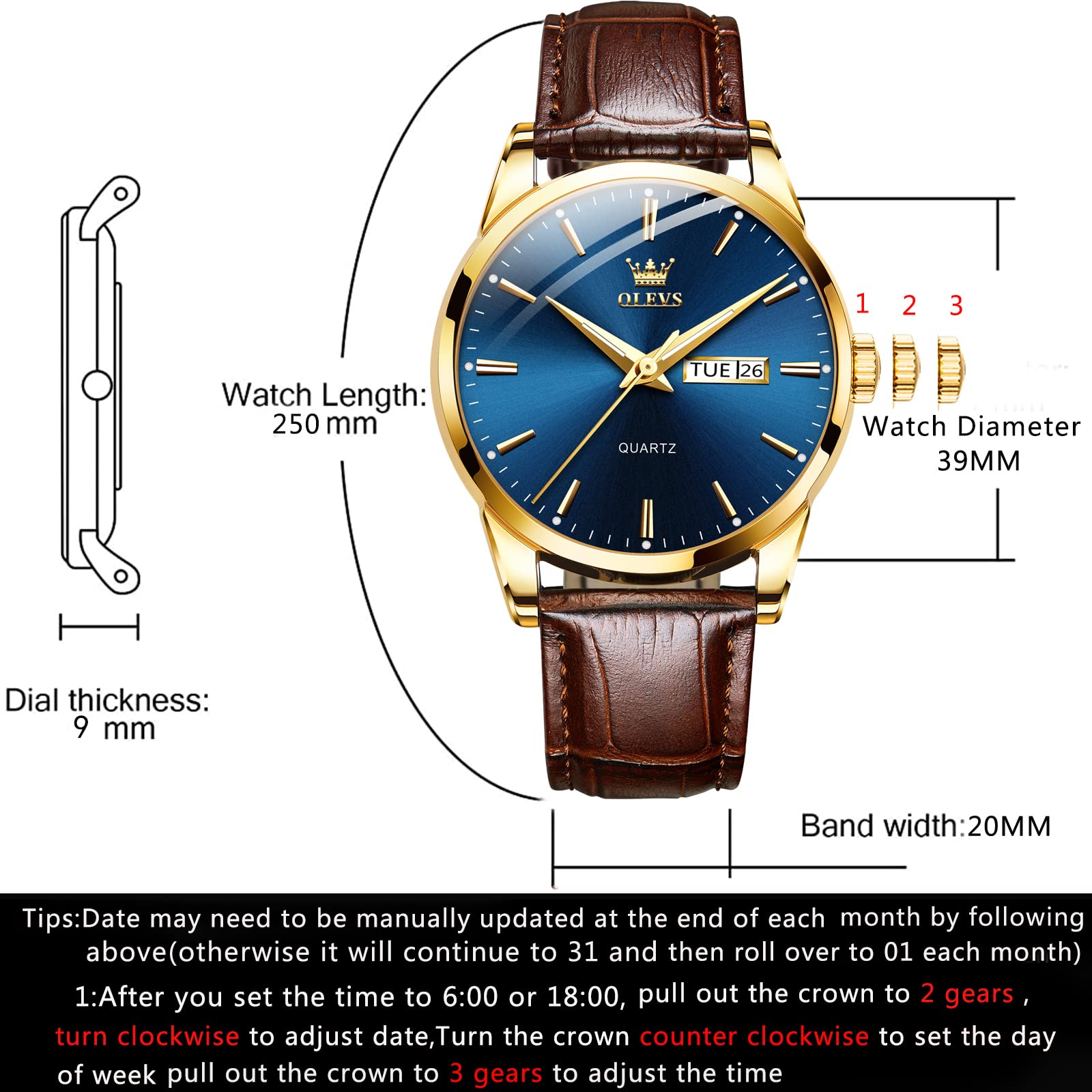 OLEVS Blue Men Leather Watch,Mens Watch Brown Leather,Mens Watch with Date and Day,Mens Watches Classic,Leather Band Watches for Men,Casual Men Watch Waterproof, Watch Men,Dress Mens Watch