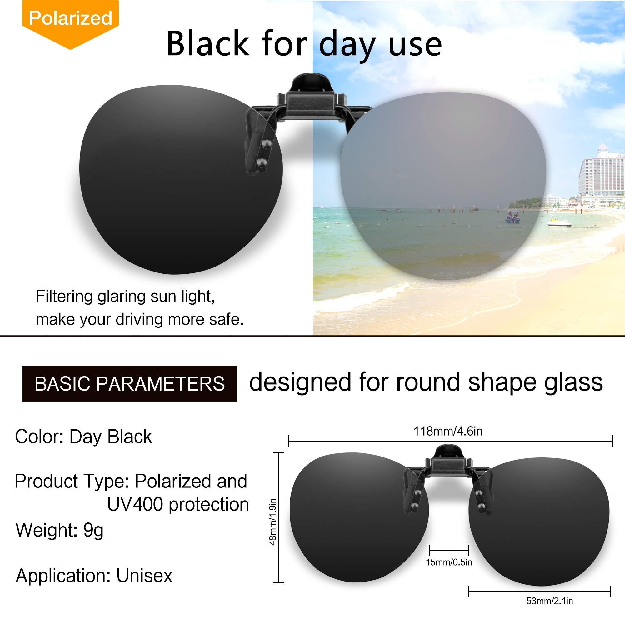 SPLAKS Round Clip-on Sunglasses Unisex Polarized Frameless Flip Up Glasses