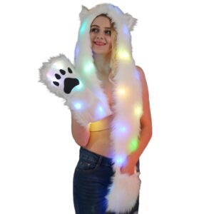 homdsim anime spirit animal hood hoods furry hoodie,rgb led stripe light up rainbow flashing control,faux fur hat with warm scarf mittens gloves spirit ears and paws 3-in-1