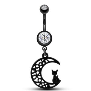 jewseen 14g 316l surgical steel belly button rings with black moon cute cat dangle navel rings piercing