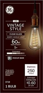 ge lighting vintage edison style led light bulb, 5 watts (60 watt equivalent) warm candle light, clear glass, medium base, dimmable (1 pack)