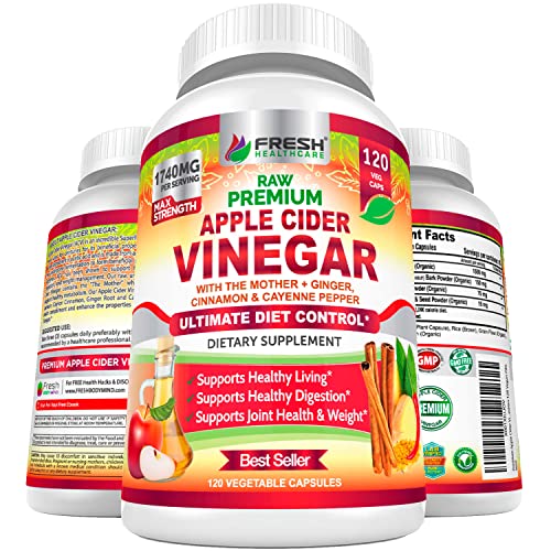 Apple Cider Vinegar Capsules Max 1740mg with Mother - 100% Natural & Raw with Cinnamon, Ginger & Cayenne Pepper - Ideal for Healthy Living, Detox & Digestion -120 Vegan Pills