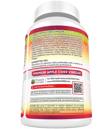 Apple Cider Vinegar Capsules Max 1740mg with Mother - 100% Natural & Raw with Cinnamon, Ginger & Cayenne Pepper - Ideal for Healthy Living, Detox & Digestion -120 Vegan Pills