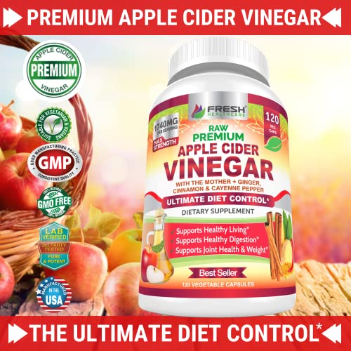 Apple Cider Vinegar Capsules Max 1740mg with Mother - 100% Natural & Raw with Cinnamon, Ginger & Cayenne Pepper - Ideal for Healthy Living, Detox & Digestion -120 Vegan Pills