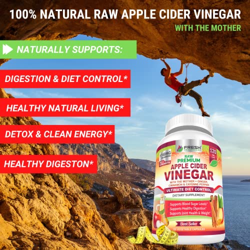 Apple Cider Vinegar Capsules Max 1740mg with Mother - 100% Natural & Raw with Cinnamon, Ginger & Cayenne Pepper - Ideal for Healthy Living, Detox & Digestion -120 Vegan Pills