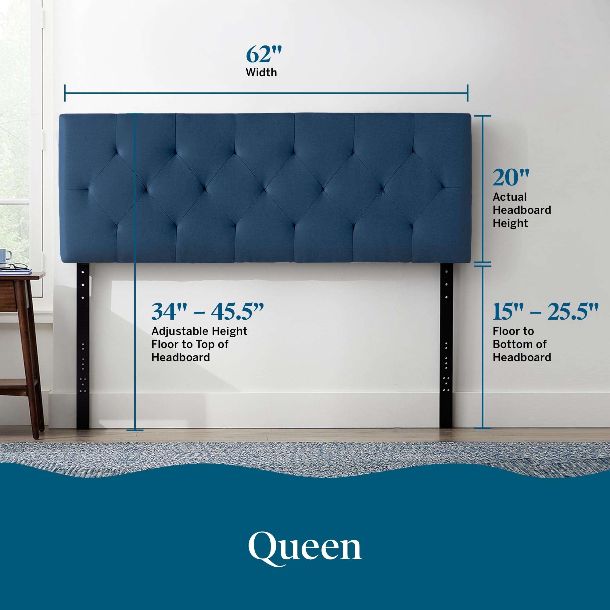 LUCID Mid-Rise Upholstered Headboard - Diamond Tufted - Padded Polyester - Adjustable Height from 34” to 46” - Easy Assembly - Bed Frame or Wall Mount - Sturdy - Cobalt - Queen Size