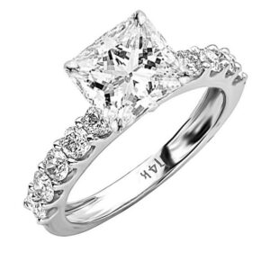 Houston Diamond District 2 Carat 14K Classic Side Stone Prong Set GIA Certified Princess Cut Diamond Engagement Ring w/a 1 Ct J-K Color SI1-SI2 Clarity Center, White Gold