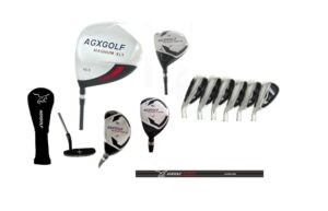 agxgolf men's left hand xs tour magnum complete golf club set; w/oversize driver +3 wood + 3&4 hybrids + 5-sw irons: stiff flex, regular length; free putter built in the usa!