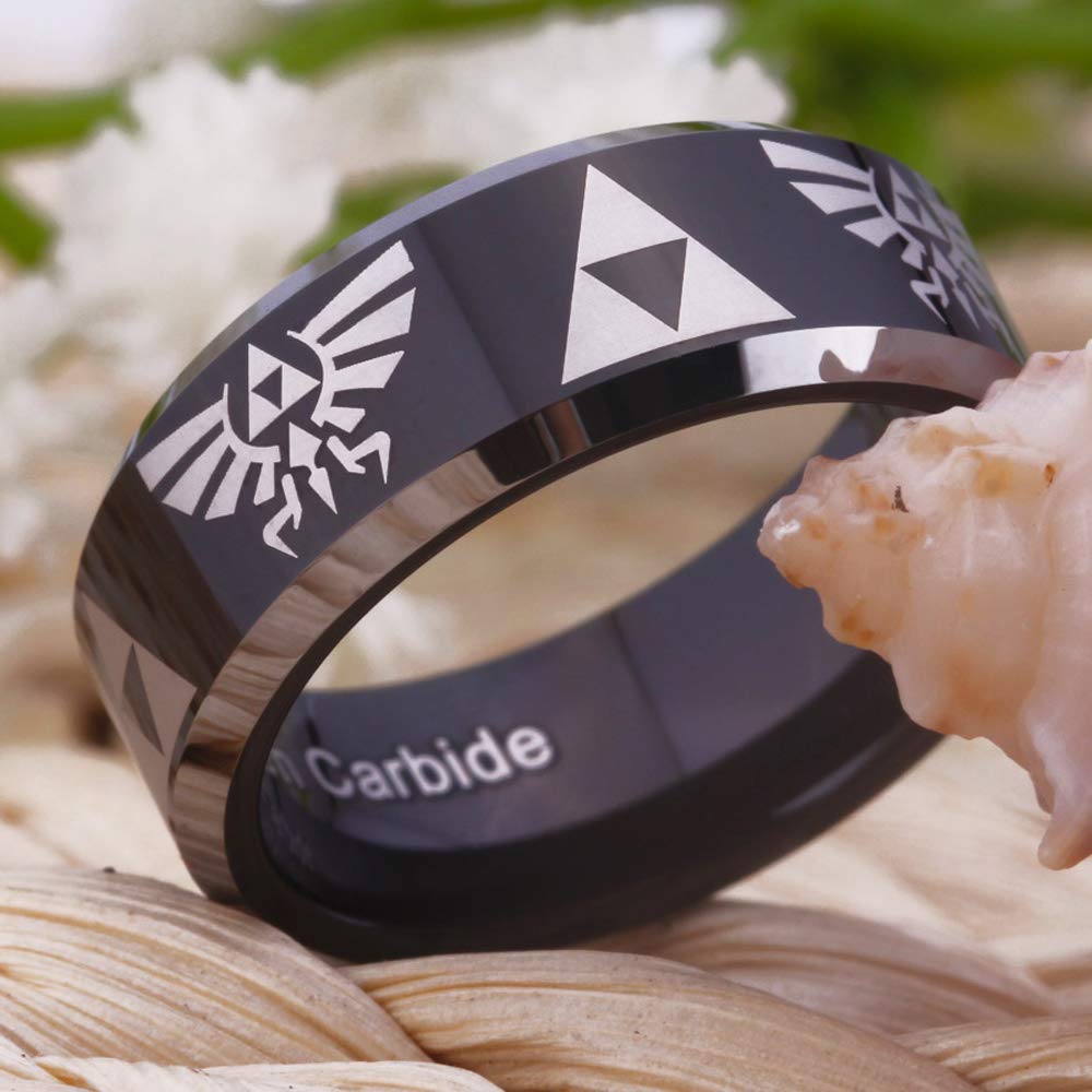 FREE Custom Engraving The Legend of Zelda Ring- Crest and Triforce Ring Black Tungsten Carbide Wedding Bands Ring (10.5)