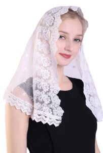 grettytling chapel veil embroidered lace mantilla veil head covering veils for church，white