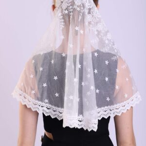 Grettytling Chapel Veil Embroidered Lace Mantilla Veil Head Covering Veils for Church，White