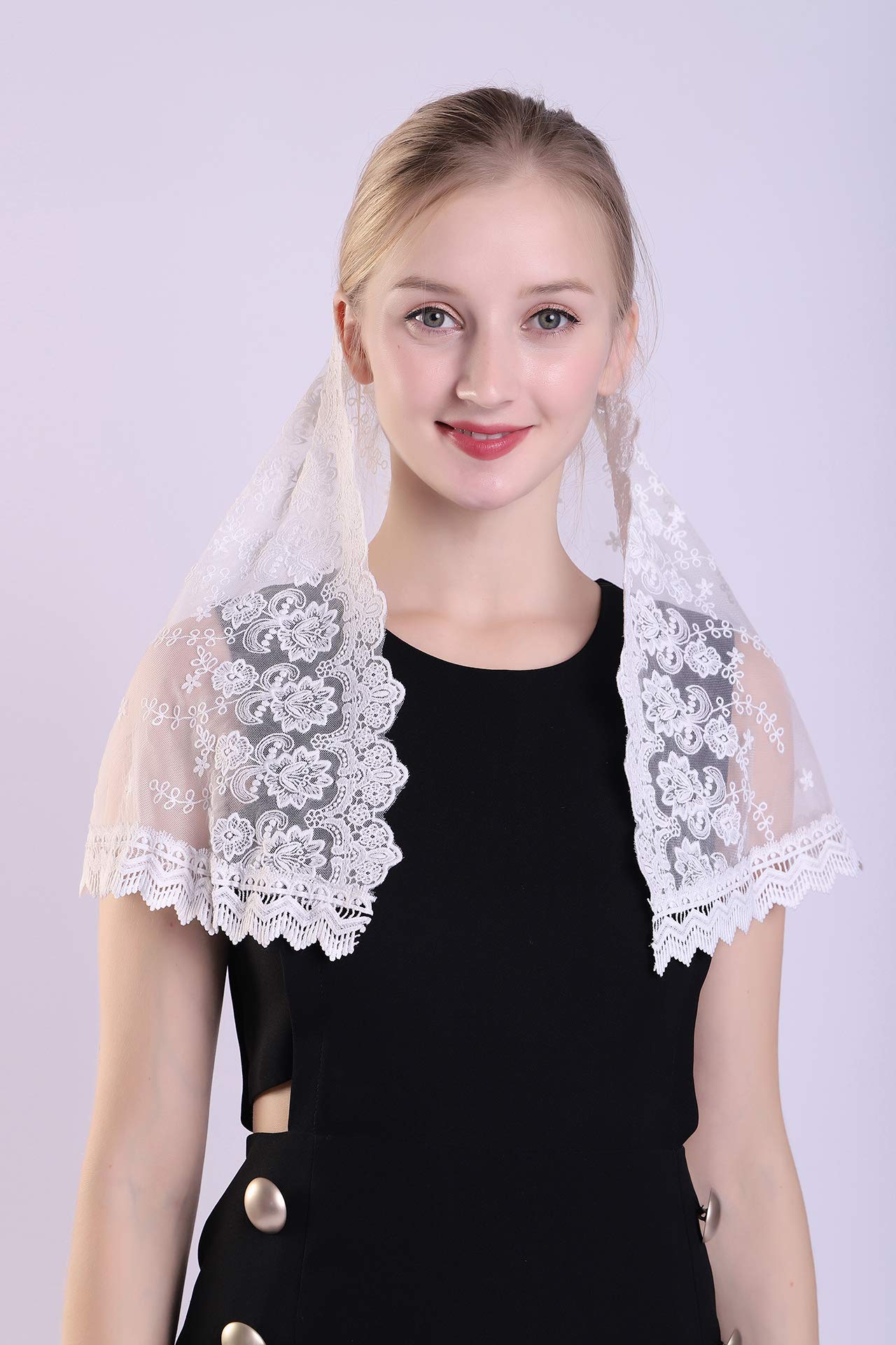 Grettytling Chapel Veil Embroidered Lace Mantilla Veil Head Covering Veils for Church，White