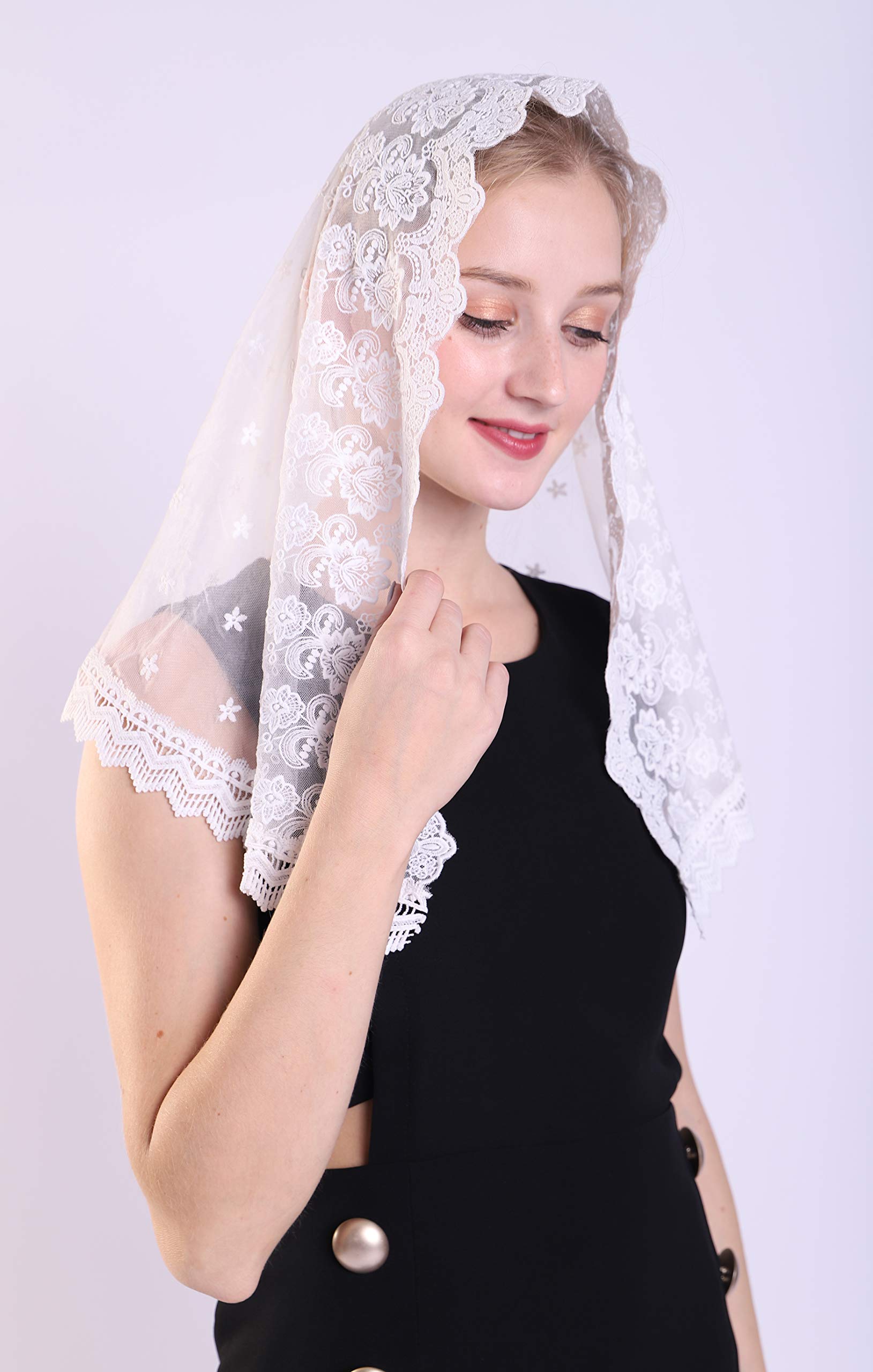 Grettytling Chapel Veil Embroidered Lace Mantilla Veil Head Covering Veils for Church，White