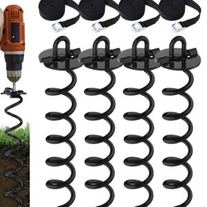 Eurmax USA 4-Pc Pack Spiral Stakes Heavy Duty Anchor Kit Ice Screw Anchor for Trampoline, Tents, tarps, Canopies,car Ports,Dog tie Out and etc Bonus Tie Down Straps 4-Pc Pack (Black)