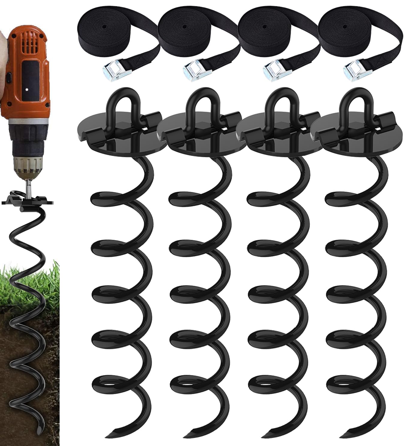 Eurmax USA 4-Pc Pack Spiral Stakes Heavy Duty Anchor Kit Ice Screw Anchor for Trampoline, Tents, tarps, Canopies,car Ports,Dog tie Out and etc Bonus Tie Down Straps 4-Pc Pack (Black)