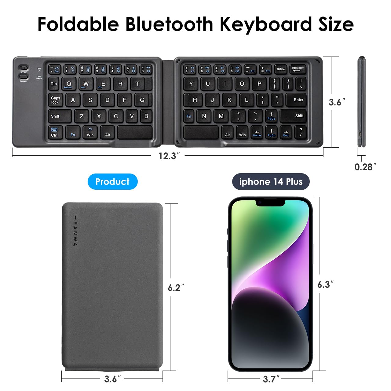 SANWA Foldable Bluetooth Keyboard, Rechargeable Wireless Folding Keypad, Portable & Slim, for Laptop Desktop Computer PC iPad/iPhone Tablet Smartphone, Compatible with MacBook, Windows, Android, iOS