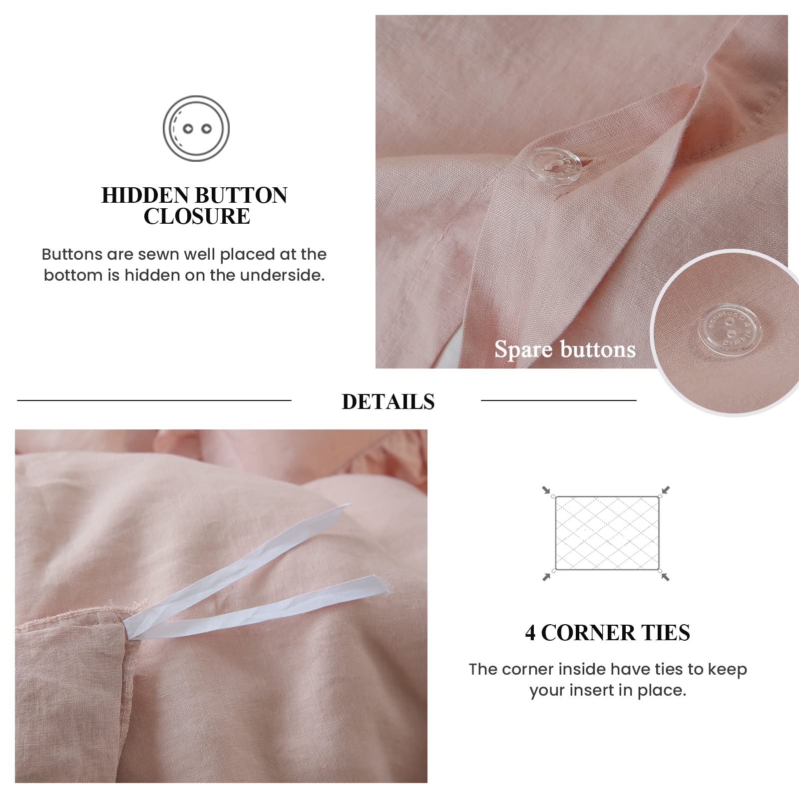 Simple&Opulence 100% Linen Frill Farmhouse Duvet Cover Set,King Size(104''x92''),3 Piece Belgian Flax Bedding(1 Comforter Cover+2 Pillowshams)with Ruffled Edges,Natural Soft and Breathable,Blush Pink