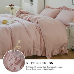 Simple&Opulence 100% Linen Frill Farmhouse Duvet Cover Set,King Size(104''x92''),3 Piece Belgian Flax Bedding(1 Comforter Cover+2 Pillowshams)with Ruffled Edges,Natural Soft and Breathable,Blush Pink