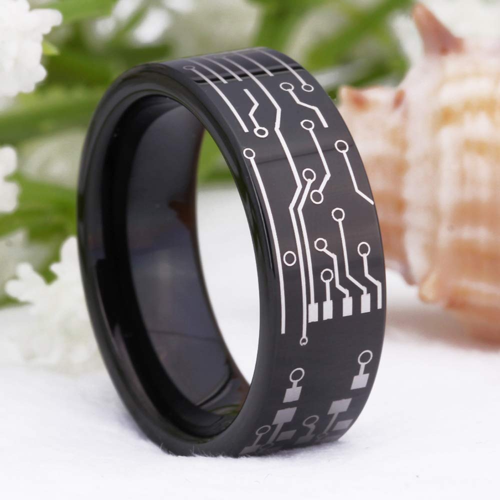 CLOUD DANCER Computer Circuit Pattern Ring-8mm Width Tungsten Carbide Ring Wedding Ring and Engagement ring-Free Engraving Inside (Black Pipe, 10)