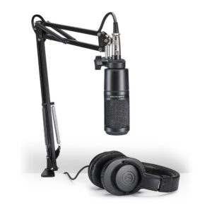 Audio-Technica AT2020PK Vocal Microphone Pack for Streaming/Podcasting, Includes XLR Cardioid Condenser Mic, Adjustable Boom Arm, and Monitor Headphones,Black