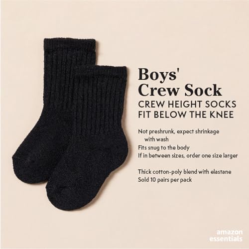 Amazon Essentials Unisex Kids' Cotton Crew Socks, 10 Pairs, Black, Medium