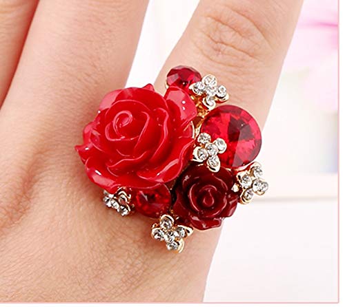 Women's Rose Gold Plated Flower Rings Colorful Crystal Statement Rings Wedding Band Engagement Ring - Red