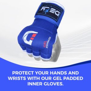 DEFY Padded Inner Gloves Quick 75cm long strap – Inner boxing gloves Gel padded knuckle protection – Elasticated boxing hand wraps for MMA Muay Thai Kickboxing Martial Arts Pair (Blue, Large)