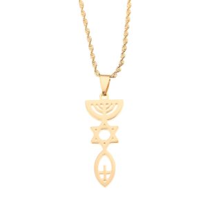 Messianic Necklace Jewish Holy Land Menorah Hexagram Israel Jewelry Mogen David Hanukiah Chanukkiyah (Gold Color)