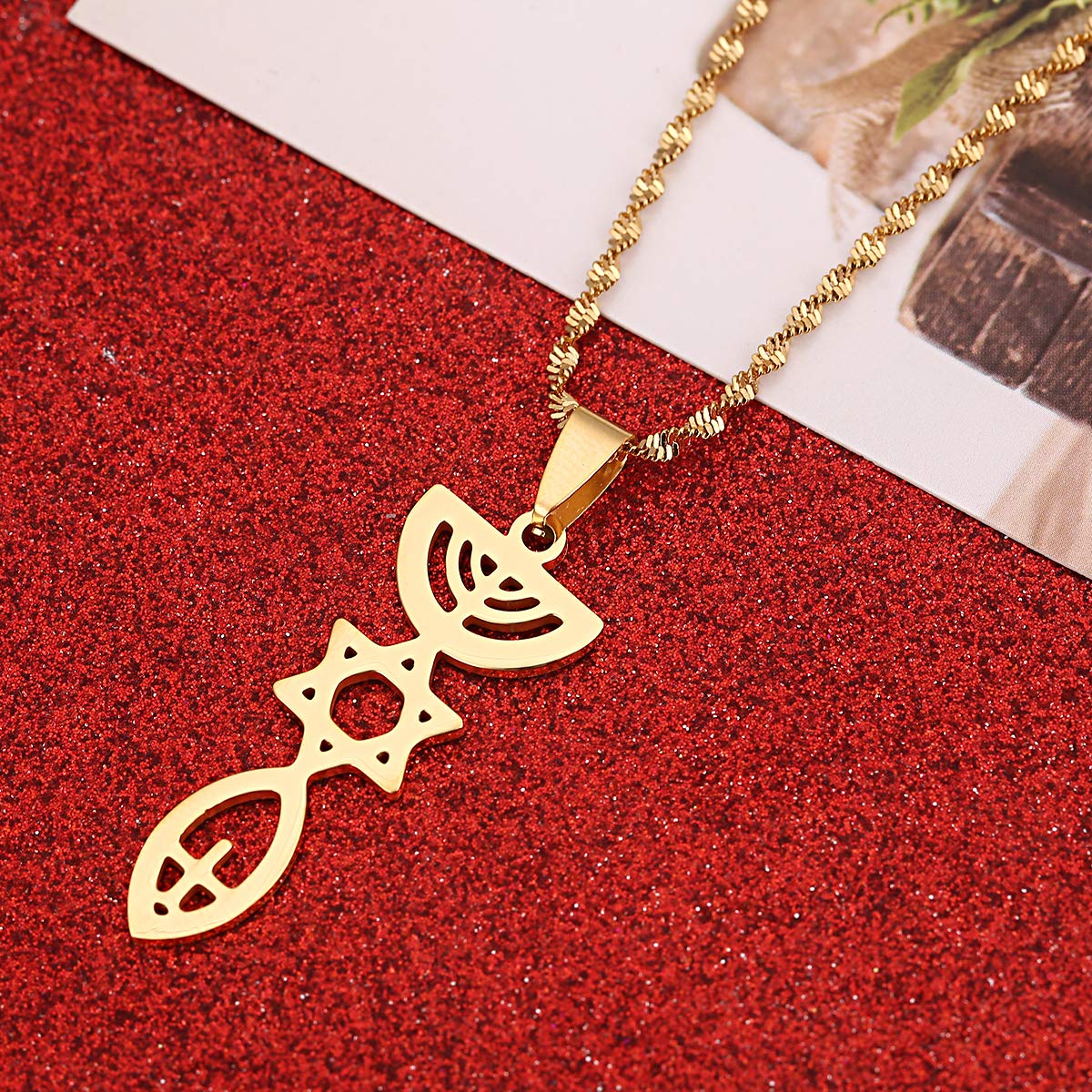 Messianic Necklace Jewish Holy Land Menorah Hexagram Israel Jewelry Mogen David Hanukiah Chanukkiyah (Gold Color)