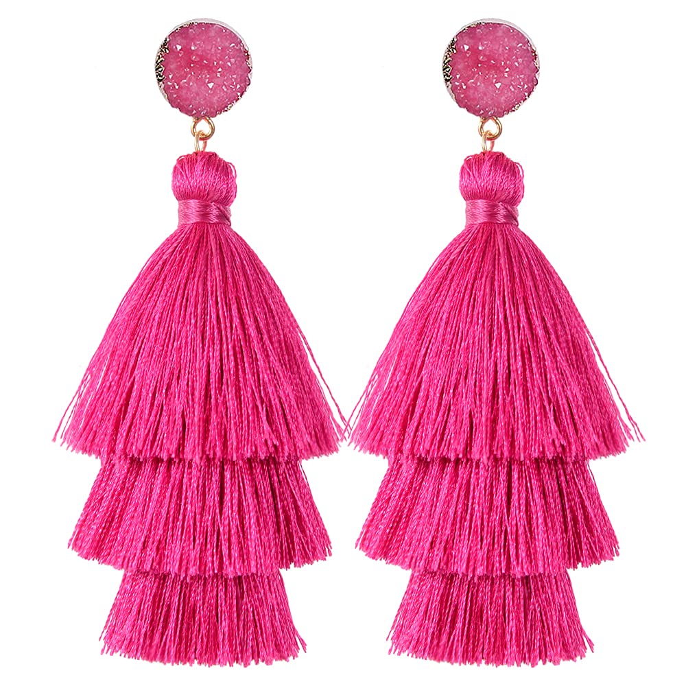 Hot Pink Layered Tassel Bohemian Drop Dangle Earrings, Handmade Druzy Stud Holiday Festive Costume Earrings Gift for Women Mother's Day (Three-Shocking Pink)