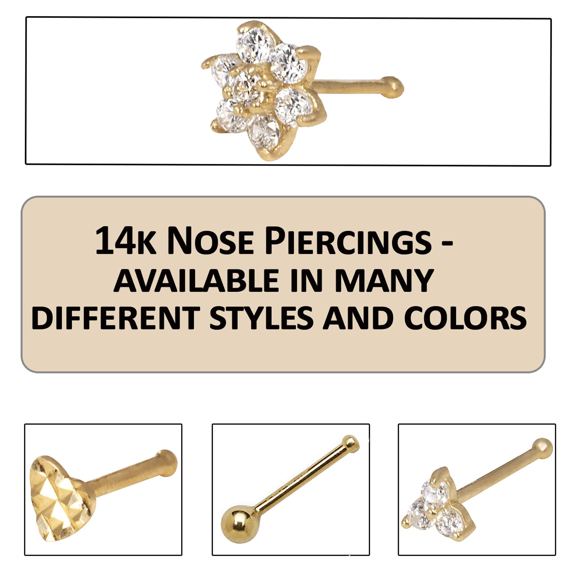 JewelryWeb Solid 14K Yellow or White Gold 4-mm 20 Gauge Cubic Zirconia Flower Nose Stud (Yellow-Gold)