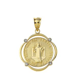 Fine 10k Gold Medalla De San Benito Saint St Benedict Diamond Round Frame Pendant