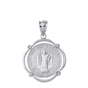 Sterling Silver Medalla De San Benito Saint St Benedict CZ Round Frame Pendant