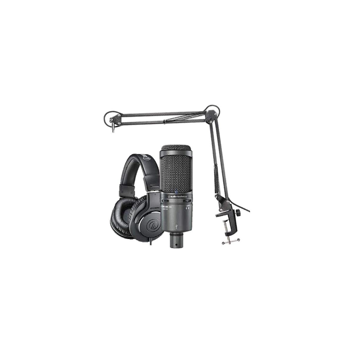 Audio-Technica AT2020USB+PK Vocal Microphone Pack for Streaming/Podcasting, Includes USB Mic w/Built-In Headphone Jack & Volume Control, Boom Arm, & Headphones