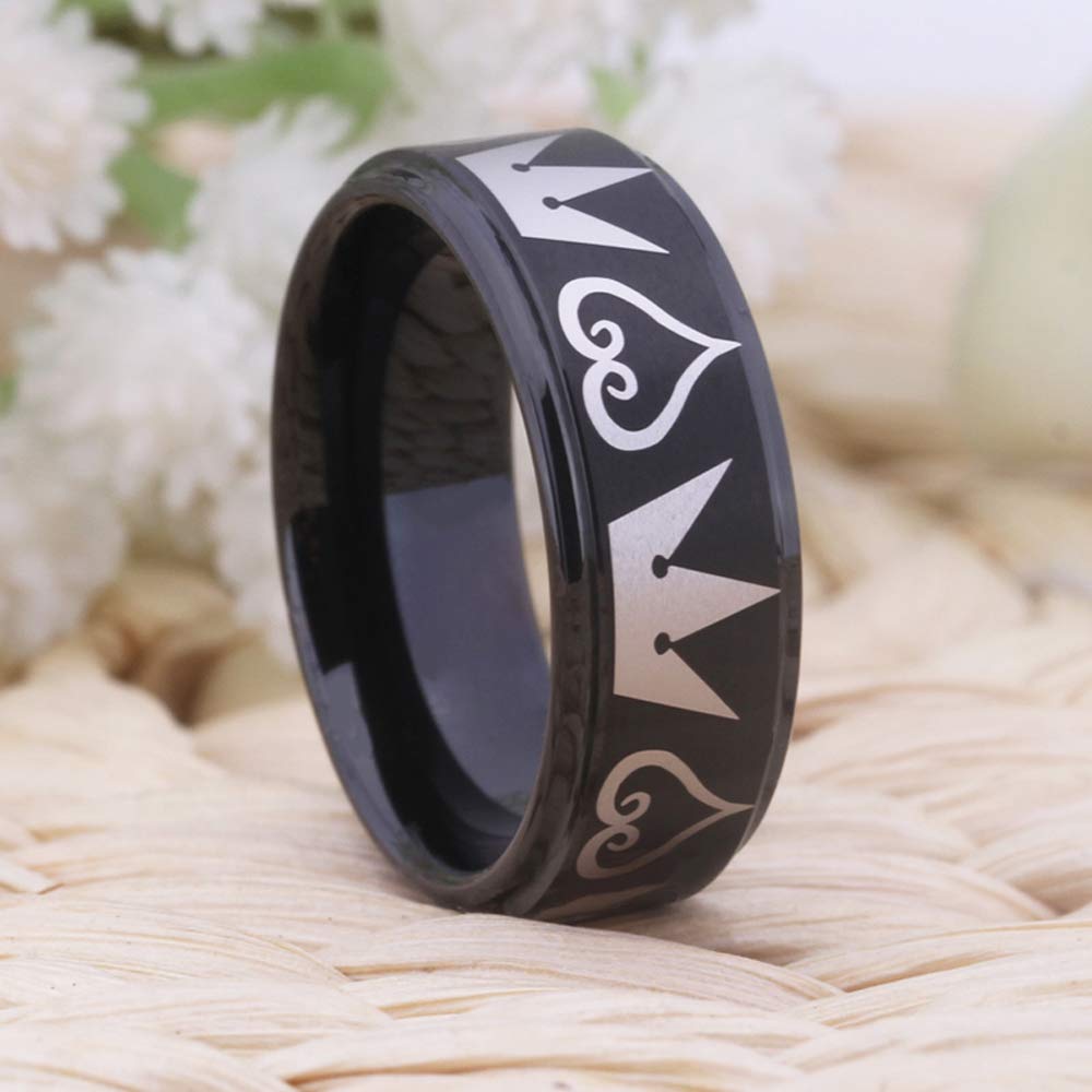 Cosplay Jewelry 8mm Black Step Kingdom Hearts & Crowns Design Ring Wedding Ring Engagement Ring-Free Inside Engraving (14.5)