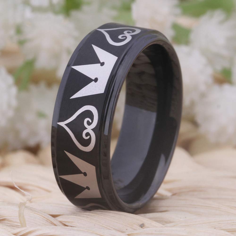 Cosplay Jewelry 8mm Black Step Kingdom Hearts & Crowns Design Ring Wedding Ring Engagement Ring-Free Inside Engraving (14.5)