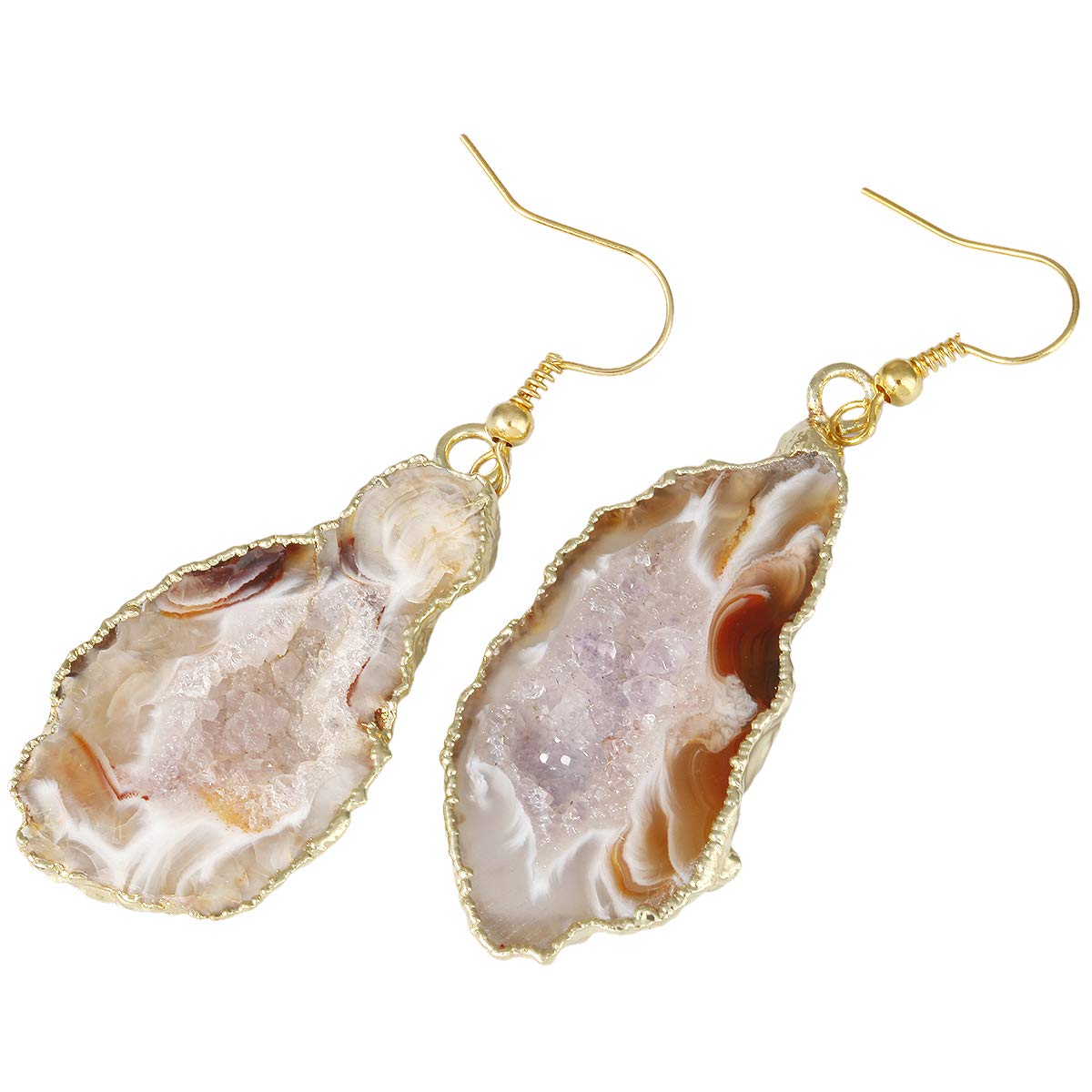 Nupuyai Natural Stone Drop Earrings for Women, Druzy Agate Geode Crystal Quartz Dangle Hook Earrings, Gold Plated, Pack of 2